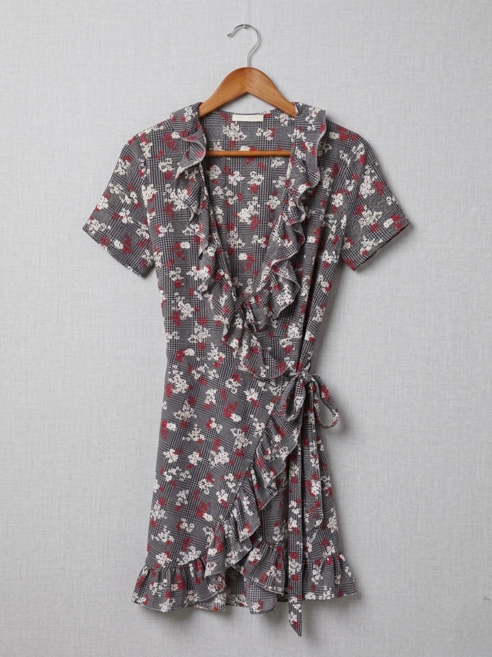 RD Style Gray Floral Ruffle Wrap Midi Dress with Red Accents